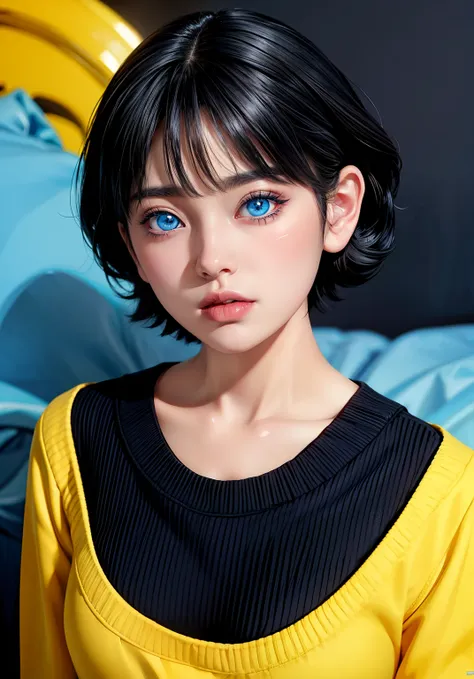 Turns every photo work art ,of a woman with long black hair and a pink shirt, she has a distant expression, semi realistic anime, in an anime style, semirealistic anime style, she has black hair, in anime style, (blue eyes:1.3), blunt bangs ,Uzumaki Himawa...