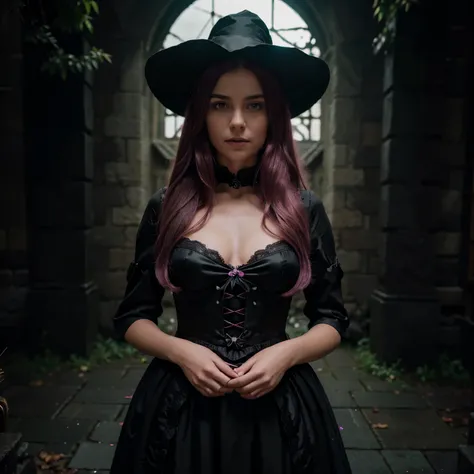 Teenage boy magically transformed into a cute girl by a witch and becomes her apprentice, gender bending ritual, pink eyes, long black hair with pink dye, stunning black victorian dress, pointy hat

(best quality,4k,8k,highres,masterpiece:1.2),ultra-detail...