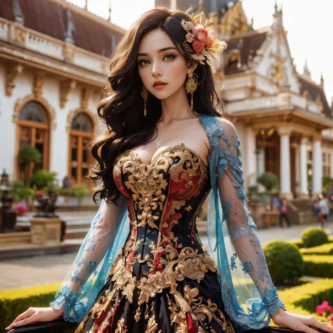 arafed woman with bustier gigantic breast in a corset and dress in front of a building, wearing an ornate outfit, ornate dress, intricate dress, elegant corset, ornate and elegant, extravagant dress, inspired by Hedi Xandt, ornate attire, intricate outfit,...