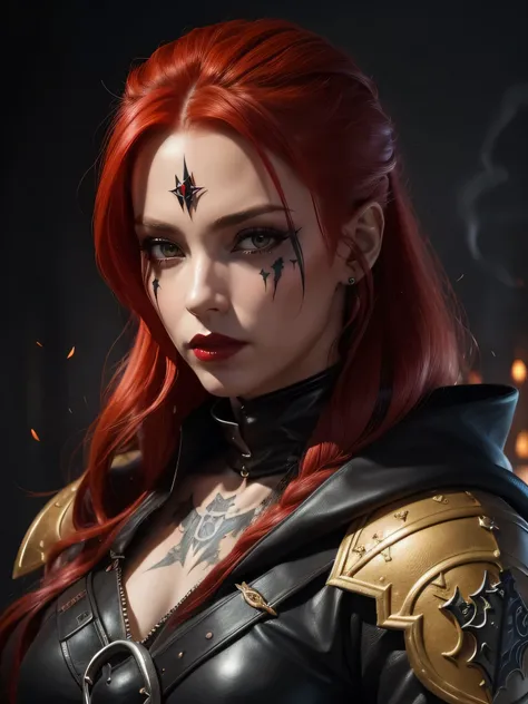 the highest quality, detailed image, colorful, vivid colors, solo, detailed face, female, fire red hair, smoky black makeup, medieval rogue, evil villain, sinister, black leather armor with decorations, inside old castle, glossy skin, cloak, gilded, royal,...