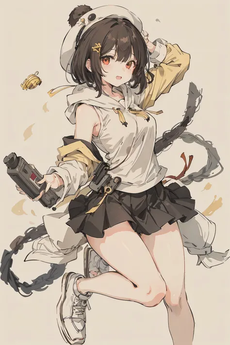 sparrow, a brown haired girl, wearing a white hoody, short hair, messy hair, black skirt, yellow hoody, slim body, she have a handycam, big breasts, she close her left eye, shirt ornament, white beret, cheerful expression, red eyes