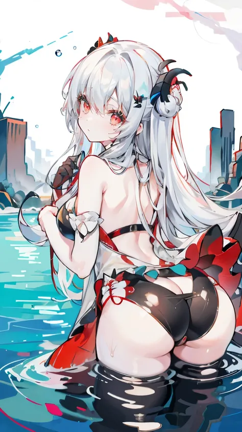 a girl，sheep&#39;bugle, full color,  long white hair, Red眼睛 ，Eyeliner, immerse in water, black transparent clothes, Red, open air, Rose, night, ruins, Butterfly，Rear view，Big Asut close-up，camel toe，bend over，Soaked