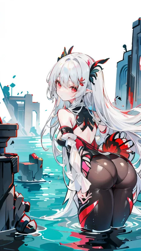 a girl，sheep&#39;bugle, full color,  long white hair, Red眼睛 ，Eyeliner, immerse in water, black transparent clothes, Red, open air, Rose, night, ruins, Butterfly，Rear view，Big Asut close-up，camel toe，bend over，Soaked