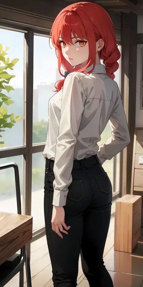 (best quality:1.3), Wrangler CSM, eye focus, , thick, button shirt, black pants, (Rear view), permanent，woman，red hair