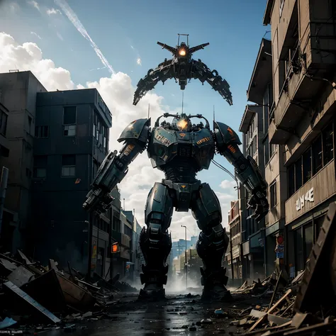 giant mech, pacific rim the movie style, Warhammer 40k, doom slayer armour, equipped with a electric sword, in the middle of a destroyed city, fighting a giant kaiju