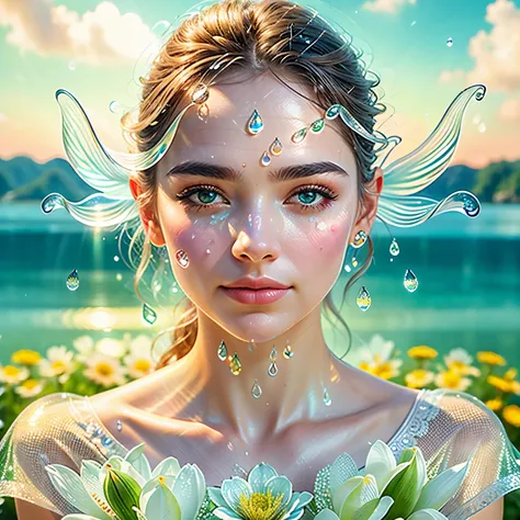 1 bela mulher+flores transparentes),(water drops), fundo luminoso, Primeiro plano escuro, magical light stream, silver vapor enveloping guardian clouds, 8k resolution, incredible visual pleasure.