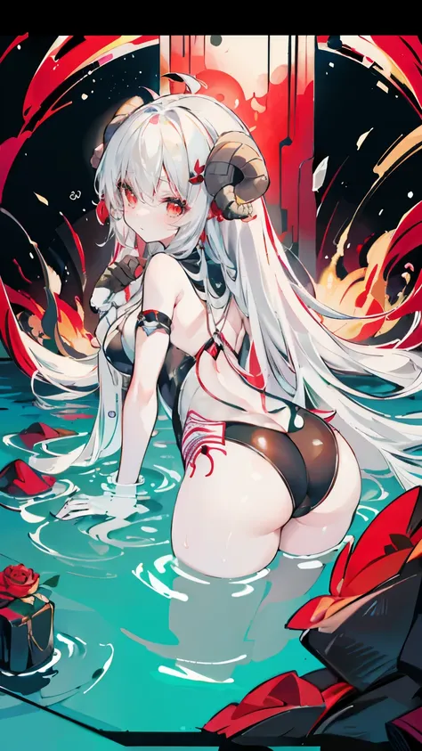 a girl，sheep&#39;bugle, full color,  long white hair, Red眼睛 ，Eyeliner, immerse in water, black transparent clothes, Red, open air, Rose, night, ruins, Butterfly，Rear view，Big Asut close-up，camel toe，bend over，Soaked，Crotch hollow