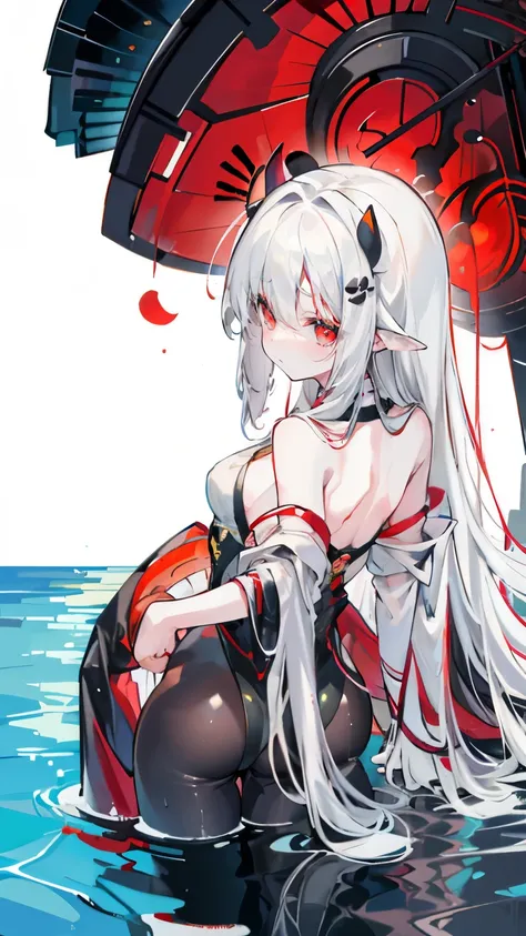 a girl，sheep&#39;bugle, full color,  long white hair, Red眼睛 ，Eyeliner, immerse in water, black transparent clothes, Red, open air, Rose, night, ruins, Butterfly，Rear view，Big Asut close-up，camel toe，bend over，Soaked，Crotch hollow