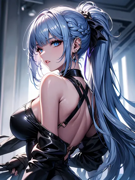 1demongirl, aqua eyes, back, bangs, bare shoulders, black gloves, blue eyes, braid, choker, earrings, fingerless gloves, from behind, gloves, grey hair, holding, jacket, jewelry, long hair, looking at viewer, looking back, nail polish, off shoulder, parted...