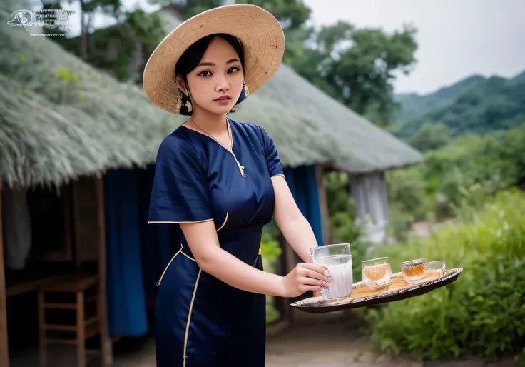 there  a man pouring water on a tray with a straw hat, traditional beauty, traditional, traditional photography, traditional art, vietnamese woman, traditional dress, traditional clothes, cover shot, assamese aesthetic, beautiful image, traditional clothin...