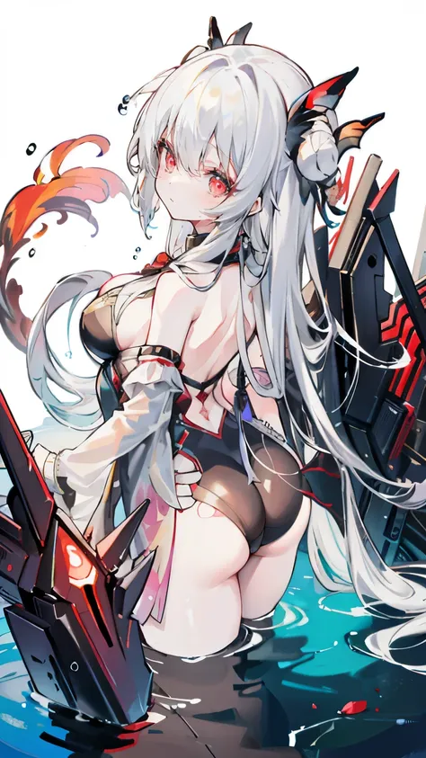 a girl，sheep&#39;bugle, full color,  long white hair, Red眼睛 ，Eyeliner, immerse in water, black transparent clothes, Red, open air, Rose, night, ruins, Butterfly，Rear view，Big Asut close-up，camel toe，bend over，Soaked，Mecha