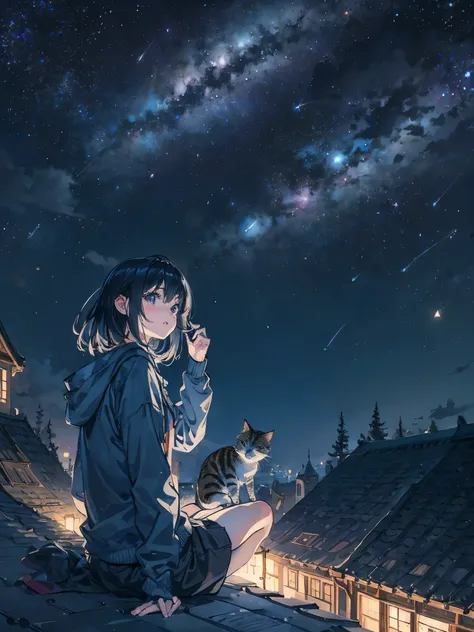 Sit on the roof、girl pointing to the sky、Cat、starry skies、night sky、dark、Astronomical observation