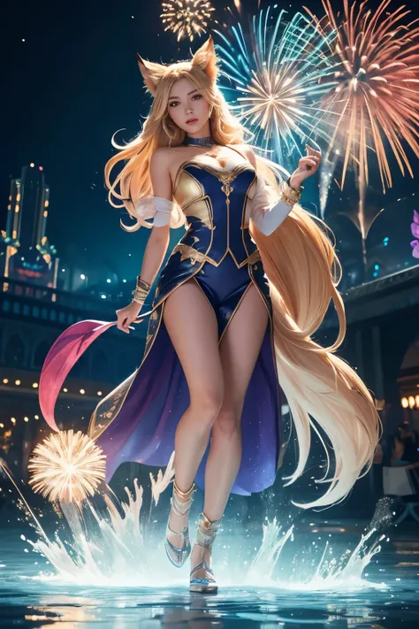 photorealistic, cinematic, (full body close-up), factral color filter, ultra realistic, ultra detailed and visually rich, full art illustration, ahri league of legends, fox, big blonde hair, detailed eyes, created with style festival, party, colorful firew...