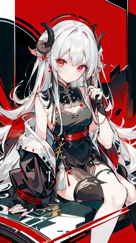 a girl,Sheep's horn, full color, long white hair, Red眼睛 ,Eyeliner, black transparent clothes, Red, open air, Rose, night, ruins, Butterfly,Soaked,Mecha,sitting,Legs close-up,up-close
