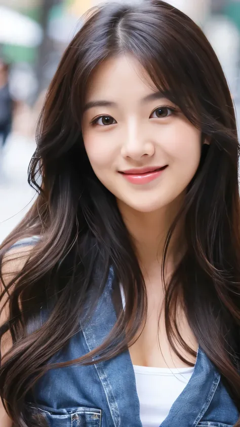 UHD, Extreme close-up of cute Korean female,Chest size 32 inches, straight medium hair, gray eyes, slightly smile, sleevless shirt and pants, standalone in the city, blurred background