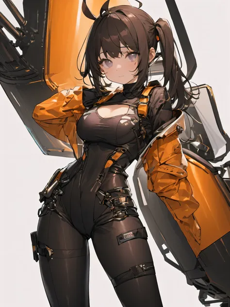 ((Best quality, 8K, Ultra-detailed, Masterpiece: 1.3)), 3 girl, Shiny skin, Sharp, Perfect body beauty, realistic shadow perfect body,("Black and dark orange bodysuit,futuristic,Transparent ":1.2),Big_Breasts ,Young girl, short girl,upper legs , indoors, W...