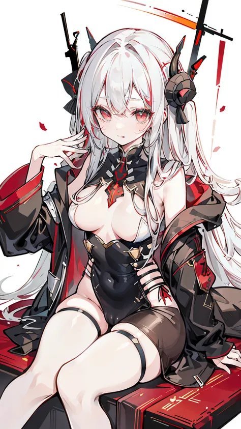 a girl，Sheep&#39;s horn, full color,  long white hair, Red眼睛 ，Eyeliner,  black transparent clothes, Red, open air, Rose, night, ruins, Butterfly，Soaked，Mecha，sitting，close up，up-close，open legs，camel toe，stick out your tongue，Playful