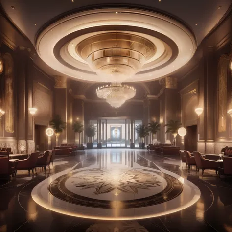 a representation of a large lobby with a circular chandelier and a circular chandelier, cassino futurista, art deco realista, dentro de um cassino, renderizar no motor irreal 5, renderizado no motor irreal 5, detailed rendering of unreal engine 5, unreal c...