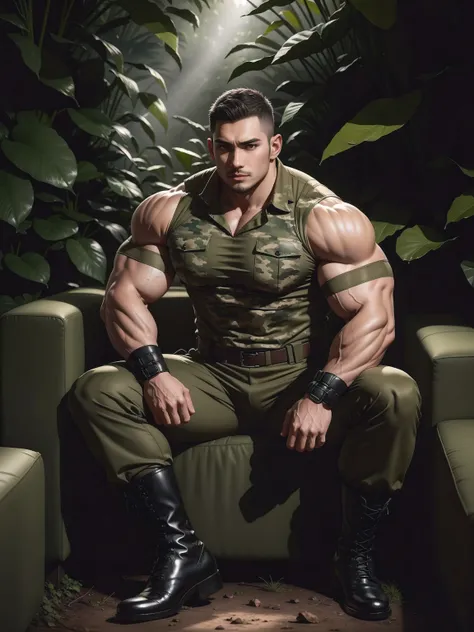 Sad frowning High giant muscular man sitting in the forest,Dark brown camouflage military uniform,character idea(Resident Evil - chris redfield,chris redfield)His hairstyle a crew cut,身穿Dark brown camouflage military uniform,Matte texture,Soft and comfort...