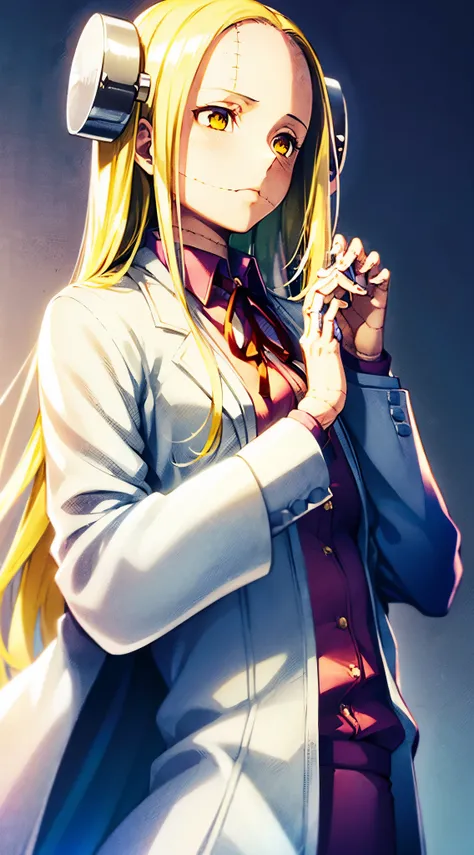 Madaraki_Fran,young woman, ((((wearing a white lab coat)))),((serious)), long hair , yellow hair,seams , Scars on the body , (hands up),speaks to a person,worried