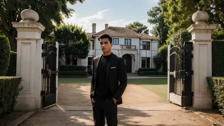 young man standing in front of the gateway to his mansion