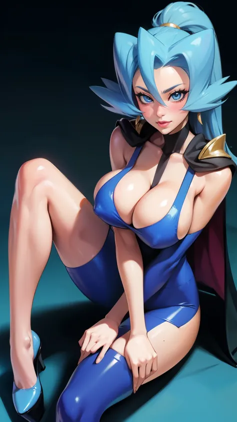 blush, smileglowing aura, natural light, masterpiece,  glossy skin, juicy lips , sexy, hot, cleavage, evil,juicy lips, bimbo, ((Clair)), pokemon, hour glass, blue hair,  wide eyes, blue eyes, massive boobs, dark lighting, long hair, pink bow, platform shoe...