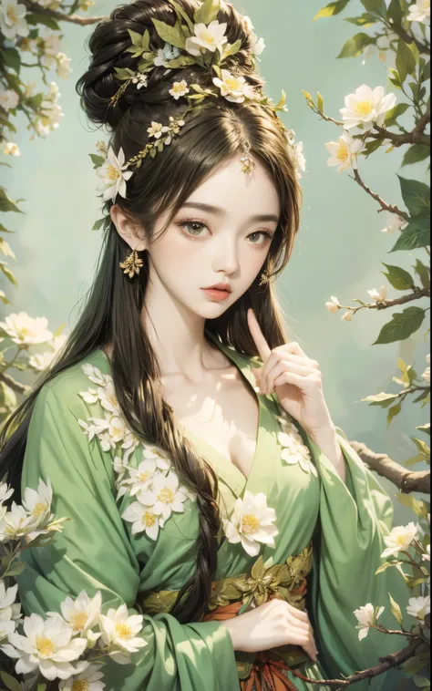 one  wearing a green skirt、close-up of woman with a flower in her hair, ((beautiful fantasy queen)), beautiful fantasy queen, pa...