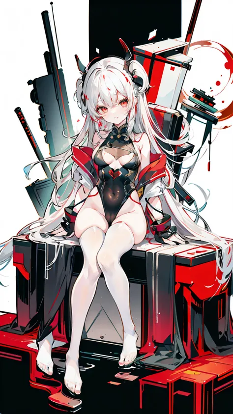 a girl，Sheep&#39;s horn, full color,  long white hair, Red眼睛 ，Eyeliner,  black transparent clothes, Red, open air, Rose, night, ruins, Butterfly，Soaked，Mecha，sitting，close up，up-close，open legs，soles of feet，camel toe，stick out your tongue，Playful，back vie...