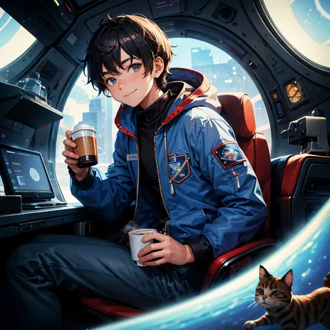 Boy in a blue coat drinking coffee from a space coffee maker, looking out the window at a cat dressed as an astronaut flying through space, cup of coffee in the shape of a smiling cat, barman de blazer vermelho, olhar distante, 8k.