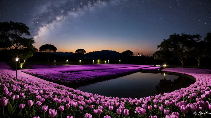 Campo de flores iluminado pela lua; romantic scene. 