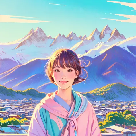 illustration style, ukiyo-e, Showa anime, mature woman, snow, (Sensitive), Asahi, mountains in the background, (highest quality, super detailed, realistic:1.37, portrait, Bright colors, soft pastel tones, Natural light)