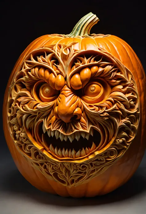 A giant pumpkin carving project unfolds, A group of skilled craftsmen embark on an ambitious task,Carve a giant pumpkin into a fully functional cup. Imagine a giant pumpkin, Carefully selected sizes and shapes, as the raw material for this extraordinary ef...