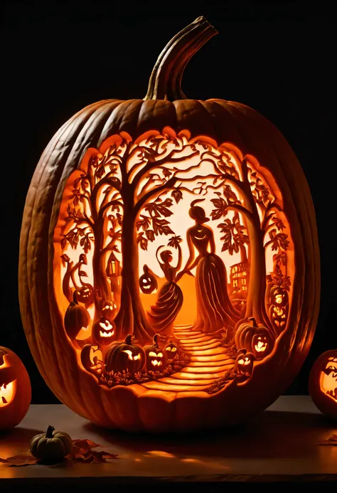 pumpkin雕刻场景展开, 描绘普通pumpkin巧妙地转变为非凡的艺术品. Imagine a group of people gathered around a table, Each wields specialized tools and tools, Be ready to bring their creative vision to life. pumpkin, come in various sizes and shapes, As a blank canvas for the artist...