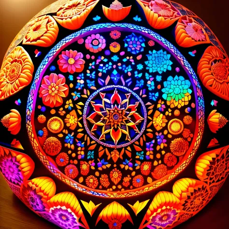 best quality, 32k, RAW photo, incredibly absurdres, extremely detailed, artwork, pumpkins carved in a kaleidoscope and colored colorfully, dark background, light up, delicate, flashy and dynamic depiction