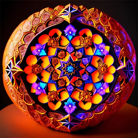 best quality, 32k, RAW photo, incredibly absurdres, extremely detailed, artwork, pumpkins carved in a kaleidoscope and colored colorfully, dark background, light up, delicate, flashy and dynamic depiction