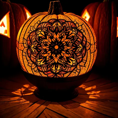 best quality, 32k, raw photo, incredibly absurdres, extremely detailed, artwork, pumpkins carved in a kaleidoscope and colored c...