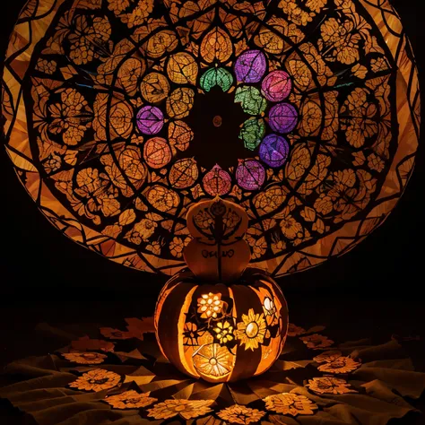 best quality, 32k, RAW photo, incredibly absurdres, extremely detailed, artwork, pumpkins carved in a kaleidoscope and colored colorfully, dark background, light up, delicate, flashy and dynamic depiction