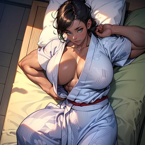 there 1woman that lying on bed,solo,((back down)),(((A MILF: 1.4))), (Curvy:1.35),(((Dark skin))), (((accurate anatomy))),Curvy physique, Thick body, ((((Huge Muscles))))，((Completely naked)), ((hand lift yukata)),((naked yukata)),bare back,model in Japan,...