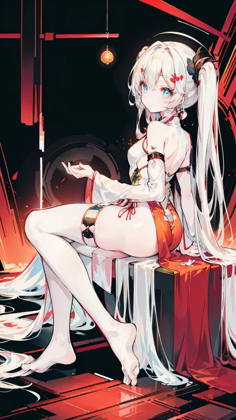 a girl，Sheep&#39;s horn, full color,  long white hair, Red眼睛 ，Eyeliner,  black transparent clothes, Red, open air, Rose, night, ruins, Butterfly，mine same as the original, mine, , (:1.2)
rest, (cheongsam), (view from below), (Put your arms behind your back...