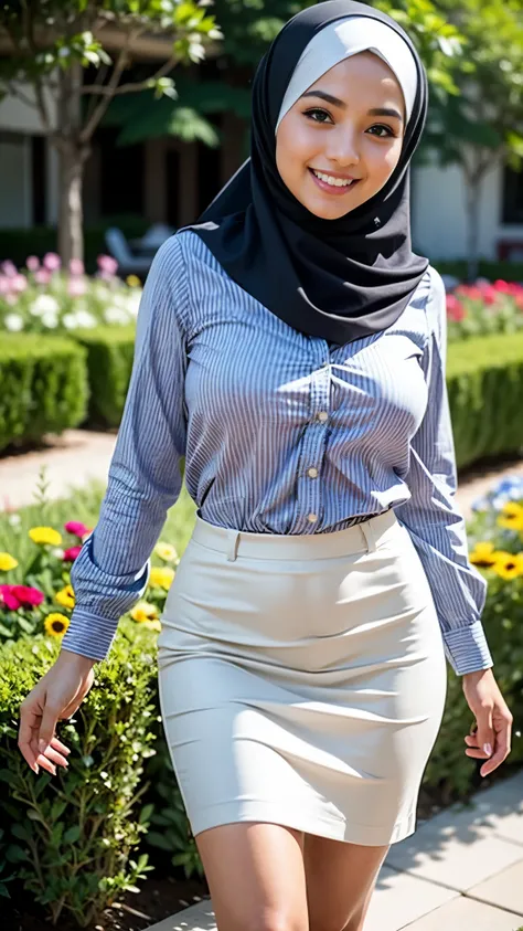 RAW, Best quality, high resolution, Masterpiece: 1.3), Beautiful Malay woman in hijab, Masterpiece, Perfect slim body, Big breast,beautiful big eyes, water eyes, very beautifull face, Soft smile, woman in a striped shirt and skirt holding a purse, wearing ...