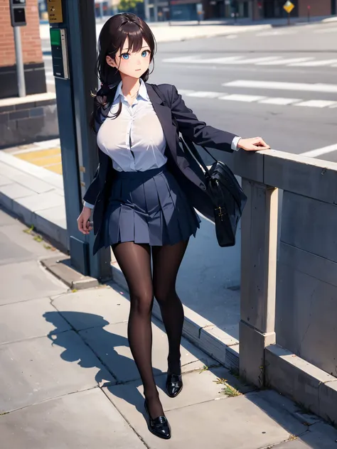 (1 girl),(high quality), (High resolution), (extremely detailed), (8K),(lower body shot),(She is wearing a school uniform and a navy pleated skirt.),(wearing black pantyhose)not wearing shoes,perfect writing,(Beautifully erect nipple shape:1.2),High resolu...