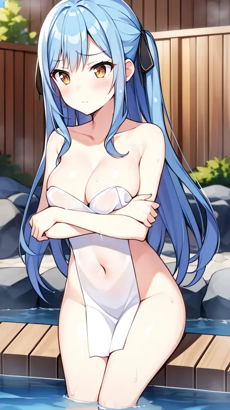 1 girl, alone, breast, navel, blue_hair, sitting, blush, long_hair, cover, nude, watching_leave, arrivewel, cover_breast, hot spring, Bangs, Awkward, closure_Mouth, clavicle, Brown_Eye, soak_foot, water, watching_arrive_this_side, outdoor, Moderate_breast,...