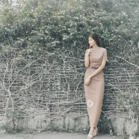 A girl walking beautifully acmm ss outfit, wearing acmm top, light purple acmm top, short sleeves, buttons, wearing acmm long skirt, white and pink with printed acmm long skirt