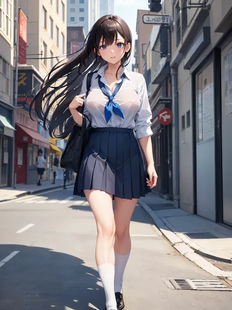 (1 girl),(high quality), (High resolution), (extremely detailed), (8K),(lower body shot),(She is wearing a school uniform and a dark blue short pleated skirt.),(wearing black pantyhose)not wearing shoes,perfect writing,(Beautifully erect nipple shape:1.2),...