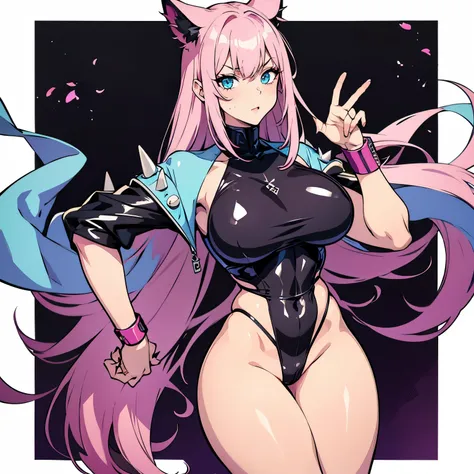 Woman with spiky pink hair, a tanned skin, light blue eyes emitting a bit of light, with black lipstick, wearing an extremely tight leather top, shes got round transparent sunglasses. Shes got massively large hips, thighs and chest. She is sweating a lot 