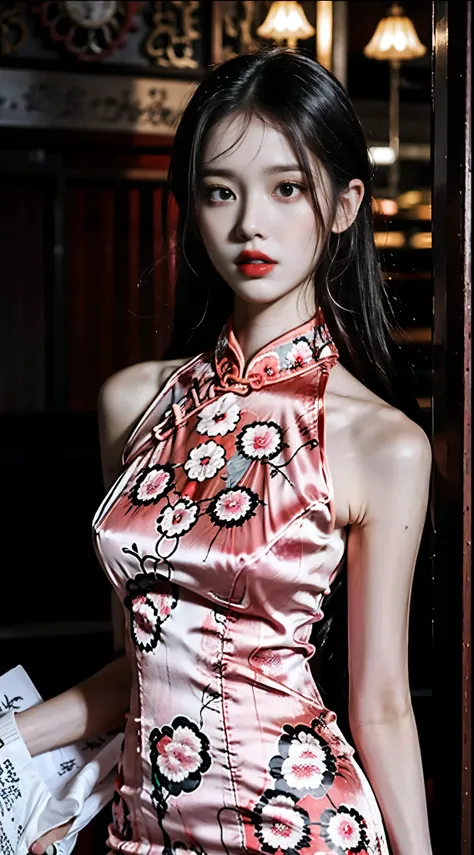 Lonely and lonely，Woman in pink cheongsam，She wears lipstick，There was darkness all around，Atmosphere at night，Full of Chinese atmosphere，She missed her lover，Deeply enveloped in sadness，Write brush words，The picture  HD，A masterpiece。