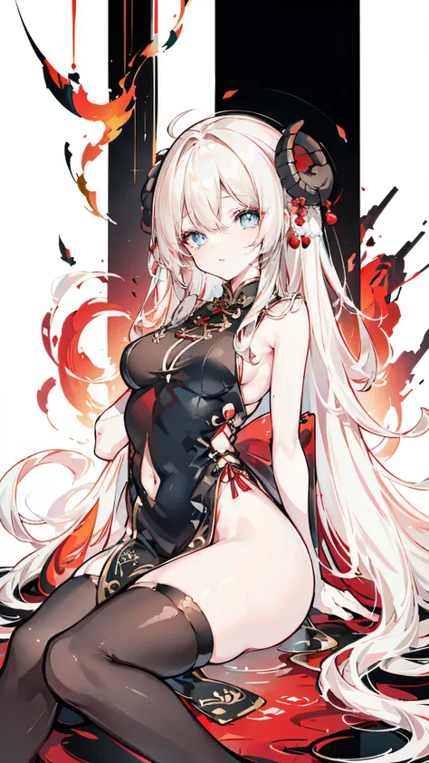 a girl，Sheep&#39;s horn, full color,  long white hair, Red眼睛 ，Eyeliner,  black transparent clothes, Red, open air, Rose, night, ruins, Butterfly，mine same as the original, mine, , (:1.2)
rest, (cheongsam), (view from below), (Put your arms behind your back...