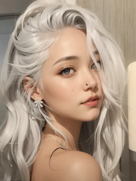 un primer plano de una mujer con cabello largo y blanco y aretes, chica con pelo blanco, kawaii Realista portrait, chica de pelo plateado, color de pelo blanco, perfect pelo blanco girl, pelo blanco, Realista. cheng yi, chica de pelo plateado, pelo blanco ...