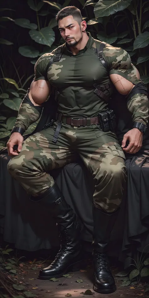 Tall muscular man sleeping and lying in the forest，Khaki camouflage military uniform，role conception（Resident Evil - chris redfield，chris redfield）buzz clip，身穿Khaki camouflage military uniform，matte texture，Soft and comfortable waterbed，Lying down and slee...