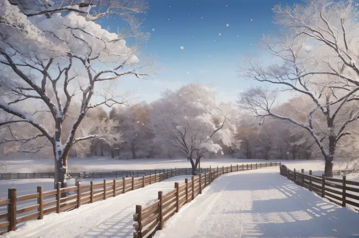 a painting of a snowy path with trees and a fence, beautiful snowy landscape, beautiful winter area, winter setting, snow on trees and ground, snow landscape, winter photograph, snowy landscape, winter scene fantasy, detailed scenery —width 672, winter par...